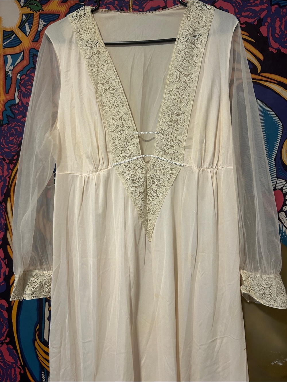 Sheer Lace-Trim Nightgown Chemise in Cream